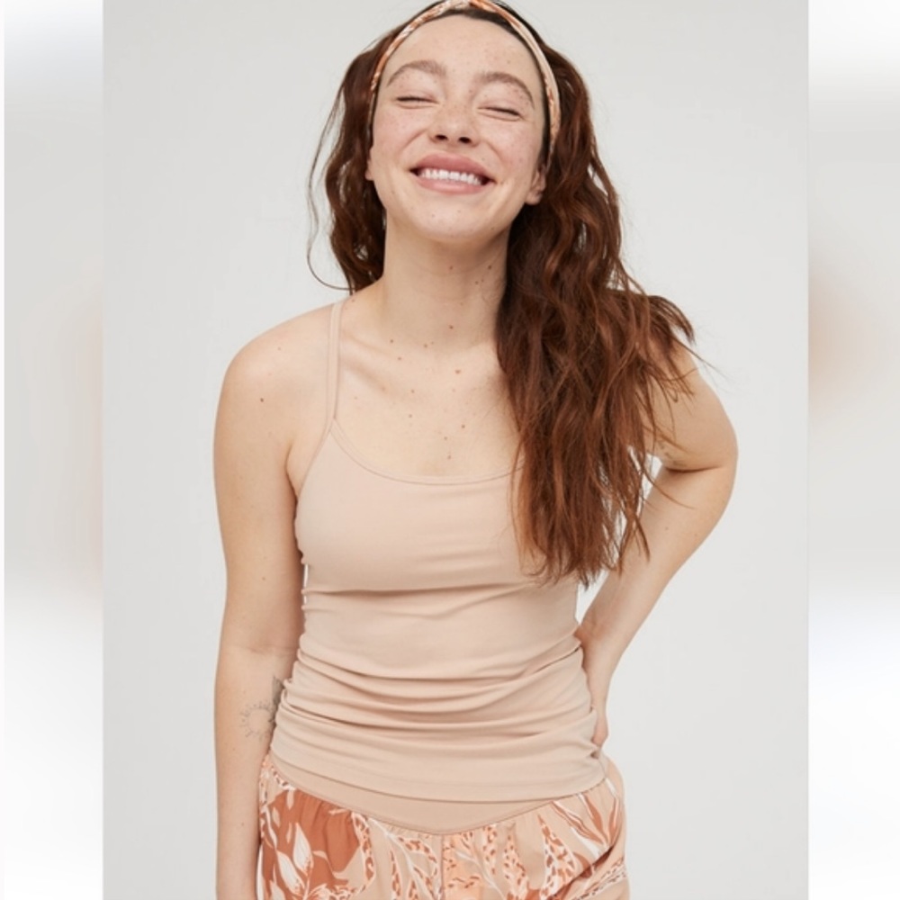 Aerie Offline Real Me Tank Top with Built In Sports Bra Small Nude Tan Nylon